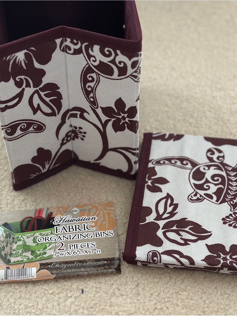 Hawaiian Fabric Organizing Bins - White & Burgundy Floral (2-Pack)